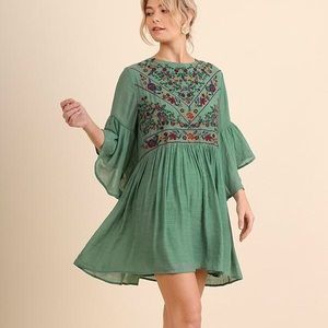 Mint Embroidered Bell-Sleeve Dress
